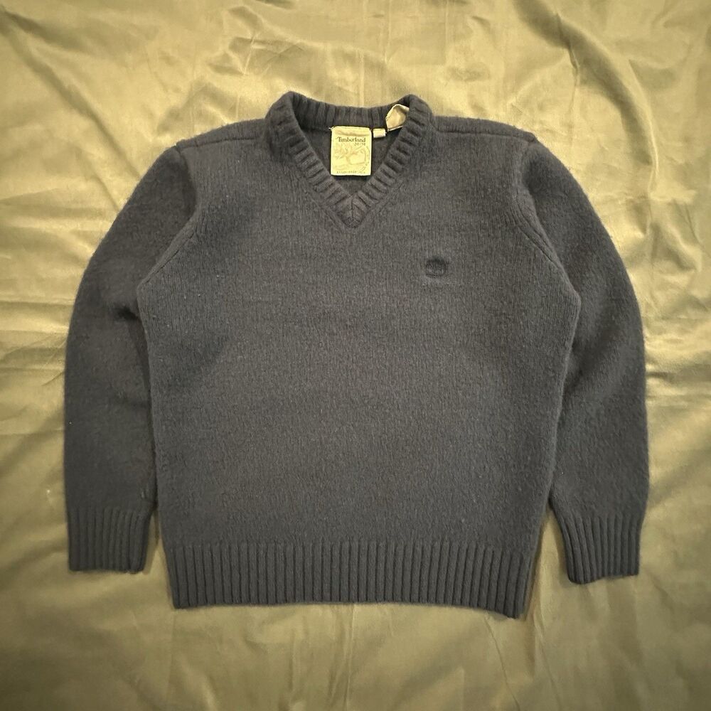 Vintage 90s Timberland Sweater Lambswool V Neck Pullover Navy Blue Mens M